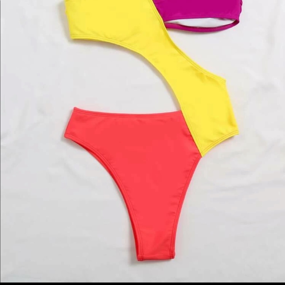 NEW Neon Multi Color One Shoulder Cut our bikini - Picture 7 of 9
